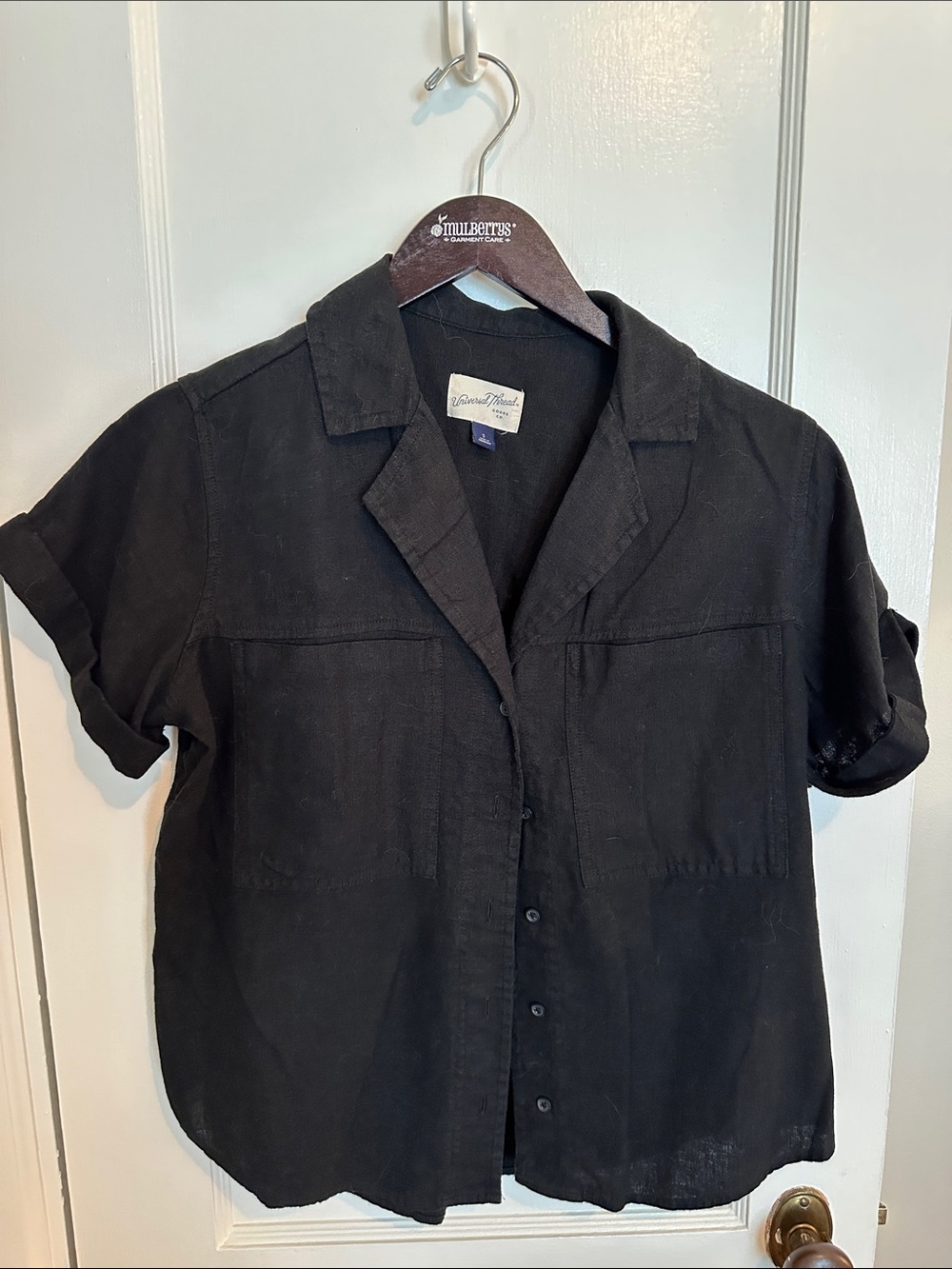 Universal Thread Black Cuffed Sleeve Buttoned Linen Blend Shirt, S